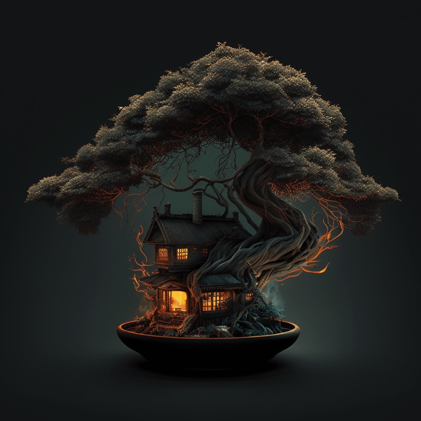 A Bonsai tree on fire, generated by AI