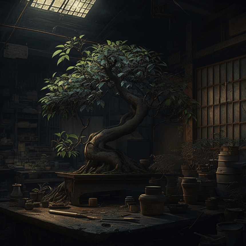 An old Bonsai workshop, generated by AI