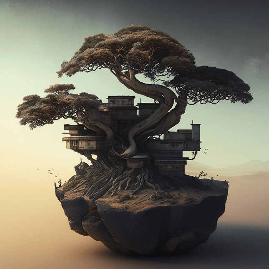 a Dystopian style Bonsai landscape, generated by AI