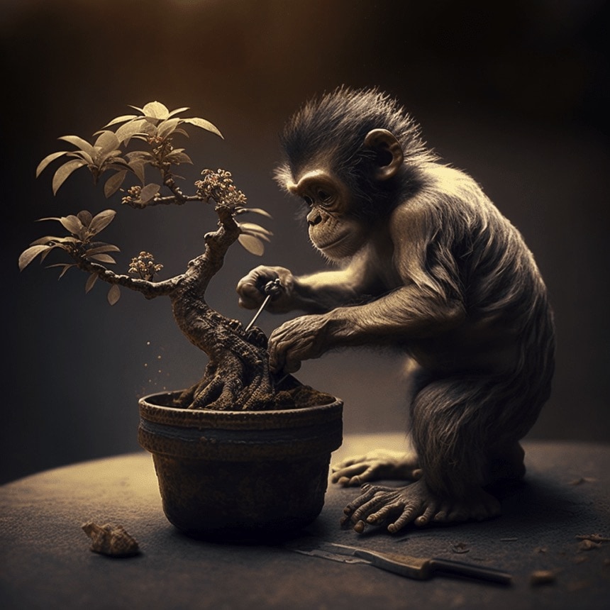 A Bonsai pruned by a Monkey, generated by AI